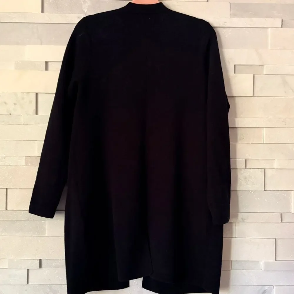 EILEEN FISHER Wool Open Front Cardigan Sweater Jacket Pockets S Black Academia